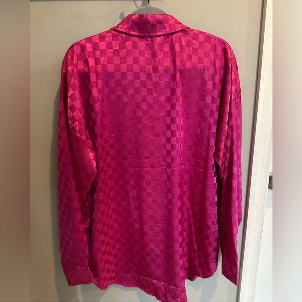 Altar'd State Fuchsia Satin Checkered Blouse - Picture 4 of 7